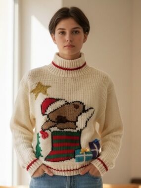FAR & NEAR BULKY KNIT CREAM & RED HOLIDAY SWEATER W TEDDY BEAR & METALLIC STAR M